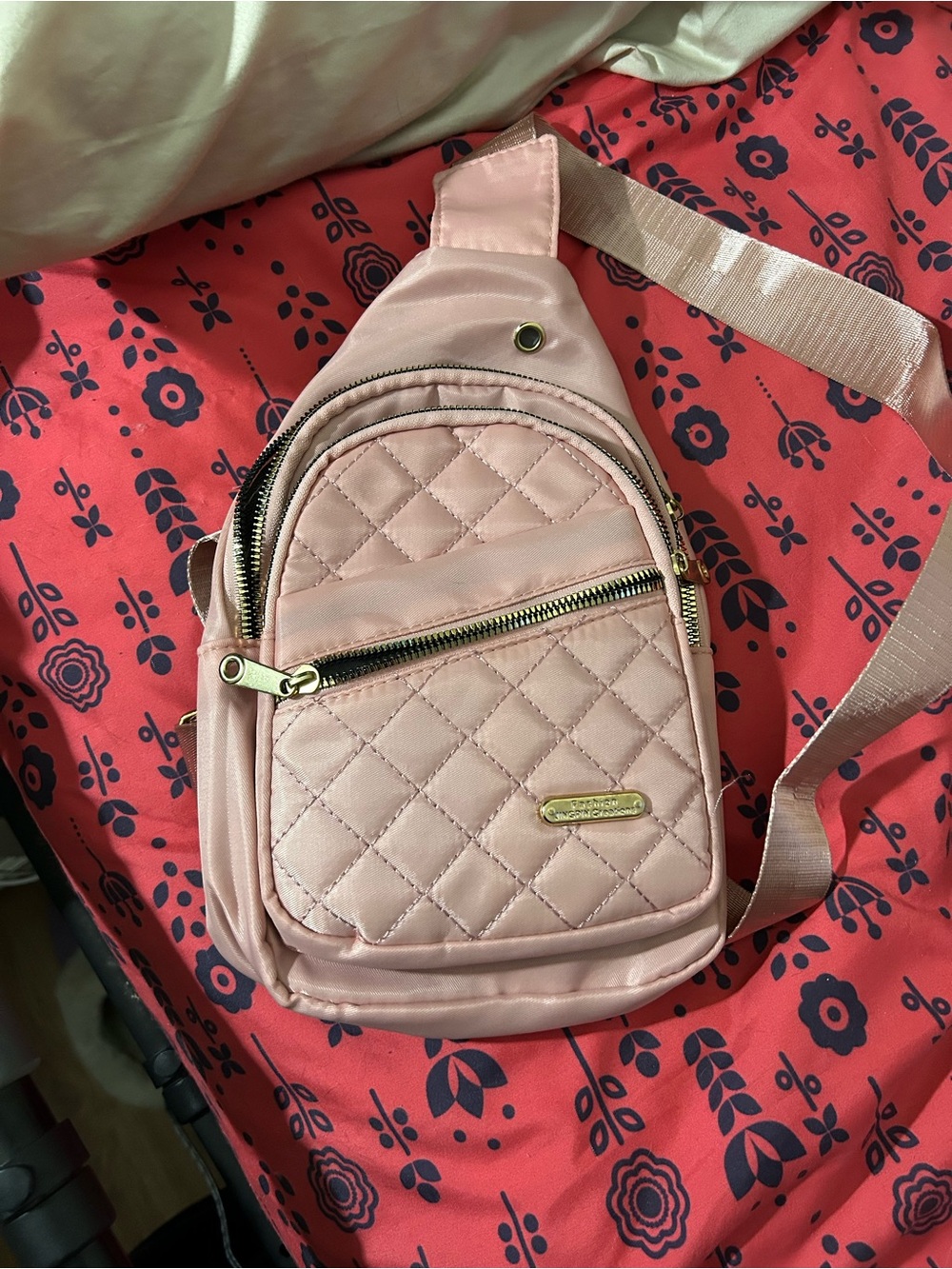 Quilted Blush Pink Crossbody Sling Bag with Gold Accents - Unbranded